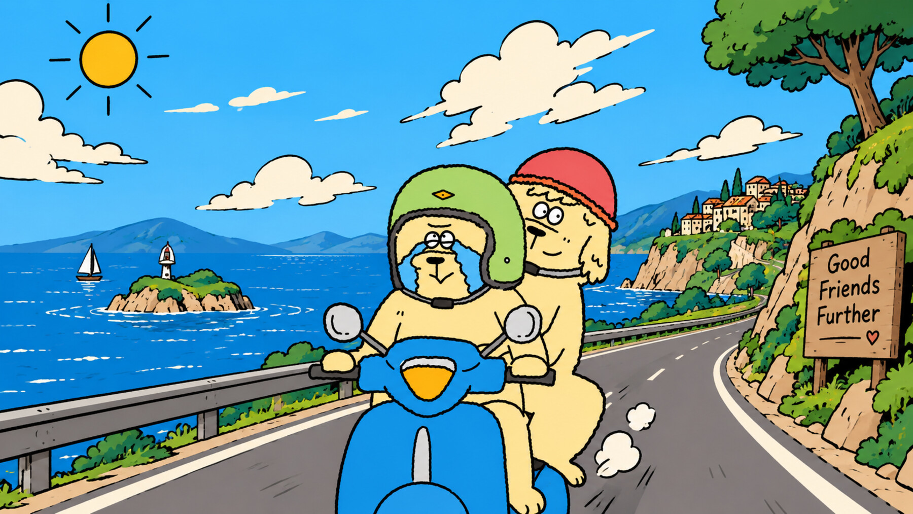 Fret riding a scooter with his friend along a sunny coastal road, a sign reads Good Friends Further
