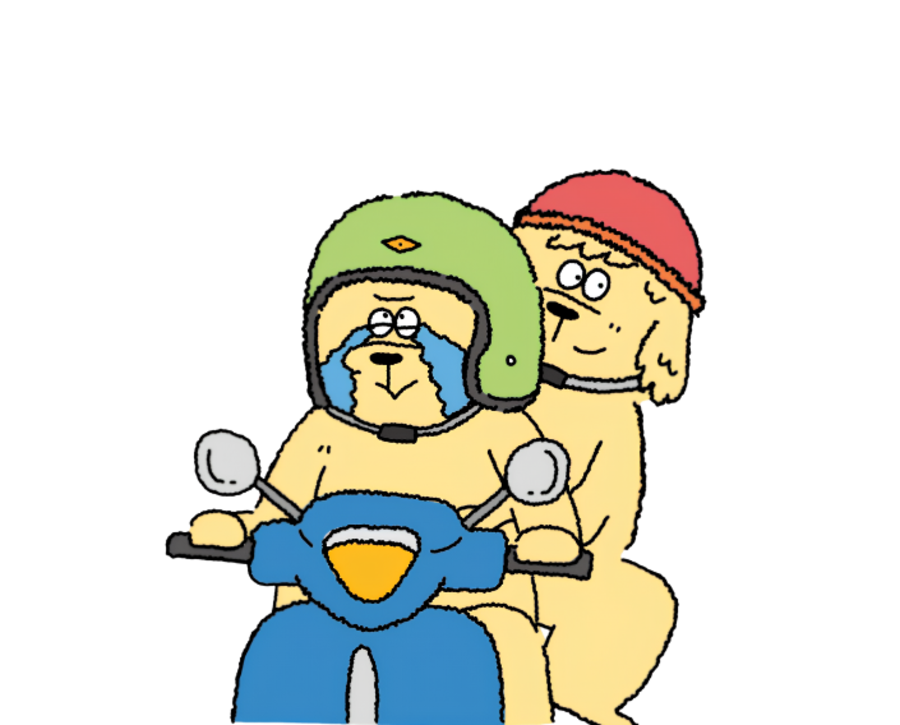 Illustrated Fret riding a scooter with a friend, both wearing helmets